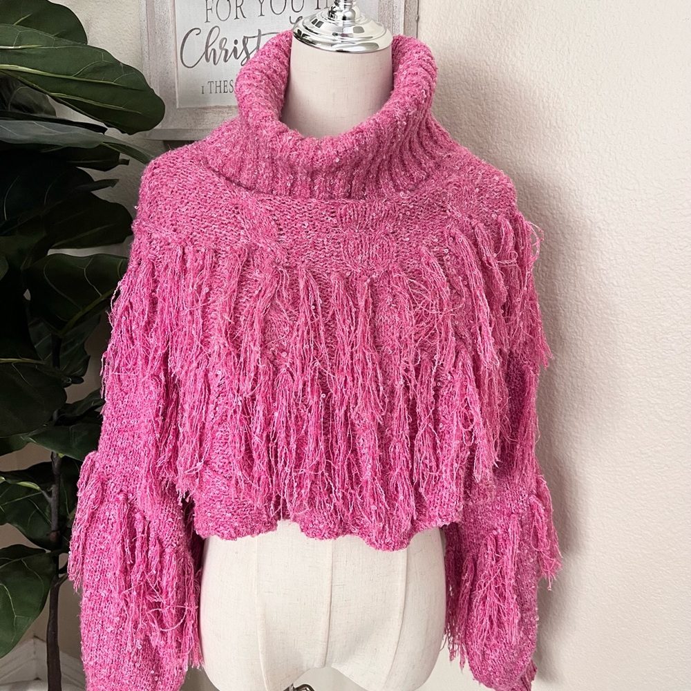 Shop Neighbor Chic Pink Turtleneck Fringe Cropped Sweater
